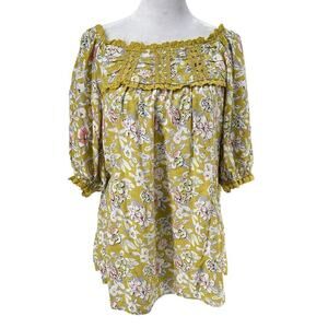 Solitaire Blouse Green Floral Scoop Neck Short Sleeve Rayon Cotton Womens Small